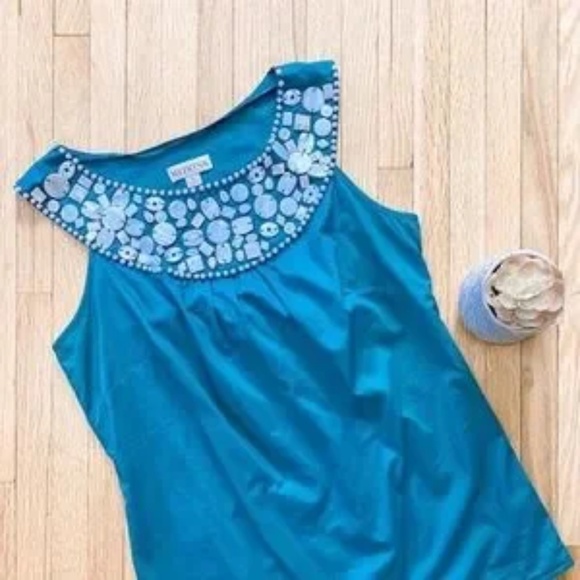 Merona Kelly Embellished Beaded Neckline Sleeveless Teal Green Tank Top Size S - Picture 10 of 11